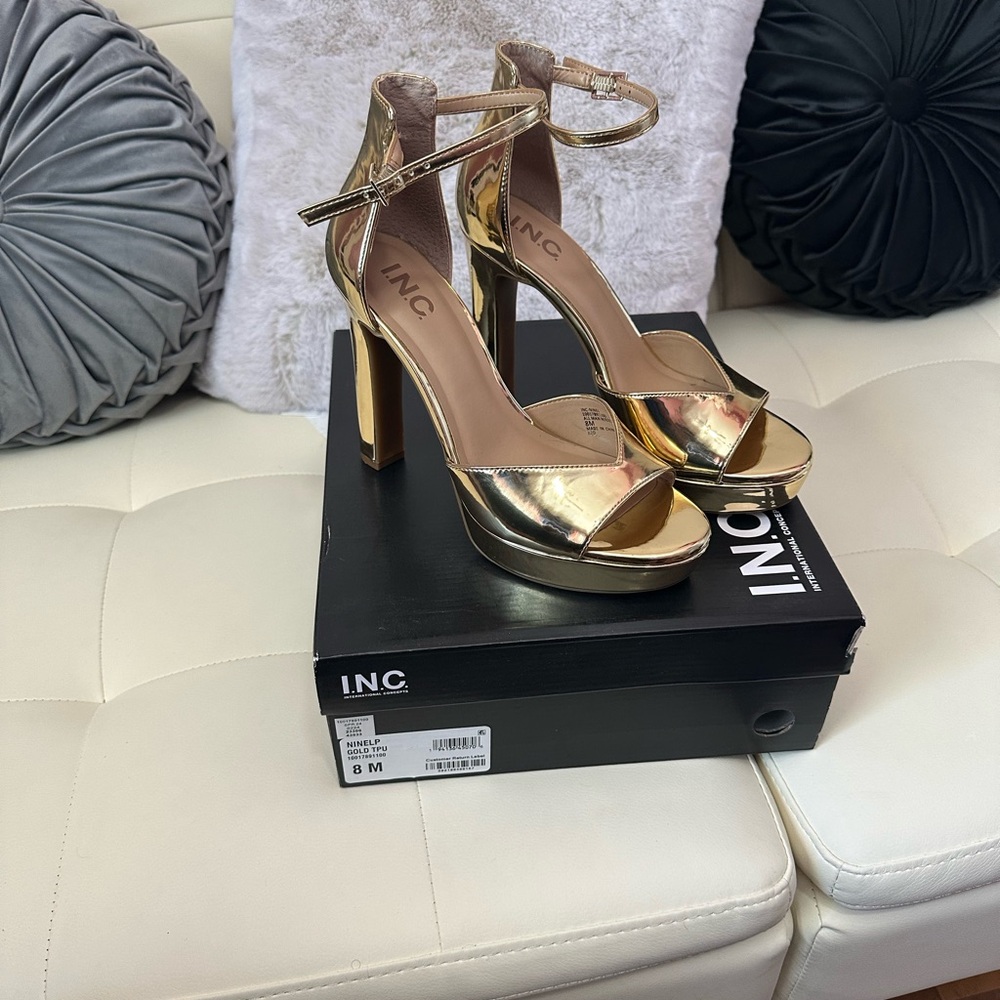 INC International Concepts Gold Stiletto Heels with Ankle Strap size 8M